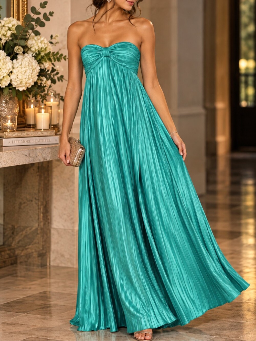 Lulus Whimsical Beauty Teal Green Plisse Satin Strapless Maxi Dress XS